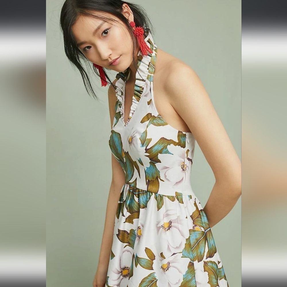 Anthropologie Tropical Floral Mini Dress - Teal and White
